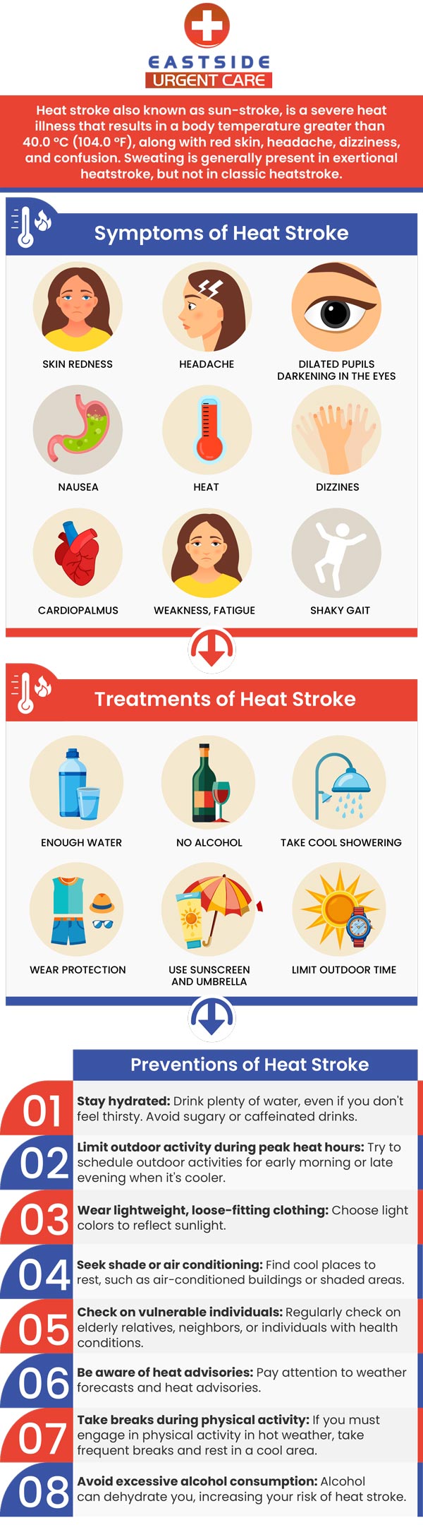 Eastside Urgent Care offers recognition and treatment of heat stroke. Some common symptoms of heat stroke include confusion, loss of consciousness, profuse sweating, seizures, and high temperature. Walk in today or contact us to schedule an appointment. We are conveniently located at 872 Ohio Pike Cincinnati, OH 45245.