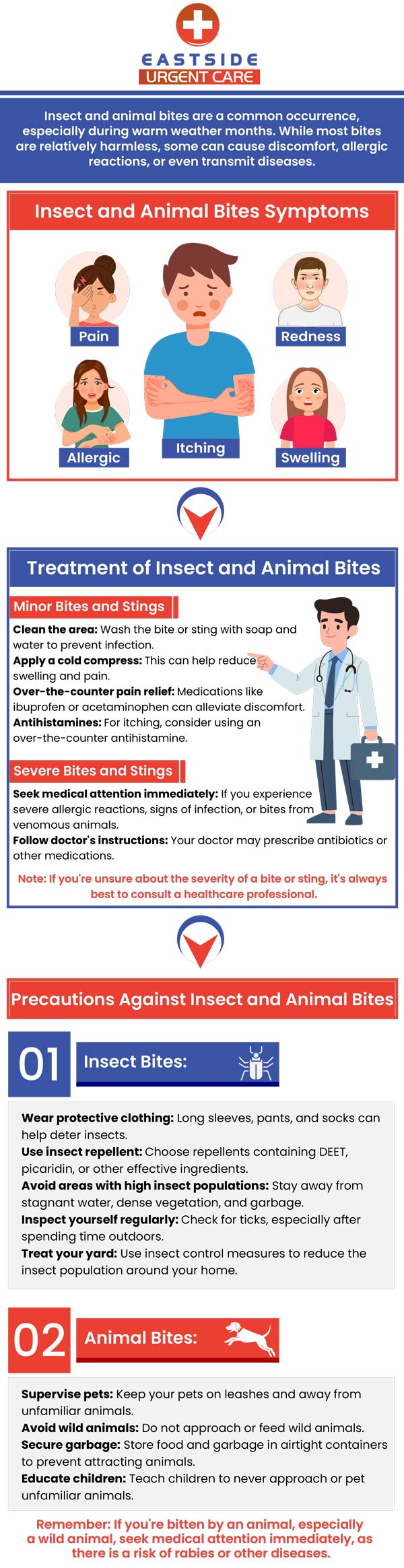 Stings and bites from insects are common and they often result in redness and swelling in the injured area. Some common symptoms include pain in the affected area, itching, and numbness. At Eastside Urgent Care we can help treat insect and animal bites. Walk-in today or contact us to schedule an appointment. We are conveniently located at 872 Ohio Pike Cincinnati, OH 45245.