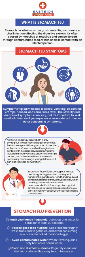 Stomach flu, also known as gastroenteritis, is a viral infection that affects the stomach and intestines. The symptoms of stomach flu can range from mild to severe and include nausea, vomiting, fever, loss of appetite, headache and dehydration. Visit Eastside Urgent Care if you are looking for Stomach Flu Treatment. For more information, contact us or book a same-day priority appointment. We are conveniently located at 872 Ohio Pike Cincinnati, OH 45245.
