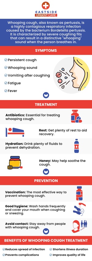 If you are noticing signs of a persistent and consistent cough, and your face turns red or blue while coughing, you might be experiencing whooping cough. The early symptoms of whooping cough such as runny nose, sore throat, coughing, watery eyes, and mild fever are similar to the usual cough. However, after a week or two, you might experience rapid and violent coughing fits. If you are looking for whooping cough treatment, visit Eastside Urgent Care in Cincinnati, OH. For more information, contact us or book an appointment now. You can visit us at 872 Ohio Pike Cincinnati, OH 45245.