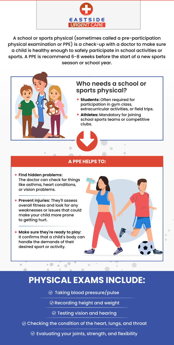 A sport physical is an important medical examination that is conducted to assess a person's overall health and fitness level in relation to their participation in sports activities. Some common benefits include identifying and treating existing health problems, preventing injuries, ensuring fitness levels, and much more. Eastside Urgent Care in Cincinnati, OH offers comprehensive school and sports physical examinations. For more information, contact us or book a same-day priority appointment. We are conveniently located at 872 Ohio Pike Cincinnati, OH 45245. 