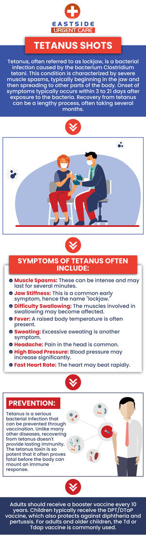 A tetanus shot is a vital vaccination that shields you from serious bacterial infections caused by wounds or injuries. This safe and effective vaccine helps prevent tetanus, a condition that can lead to severe muscle stiffness, spasms, and other complications. At East Side Urgent Care in Cincinnati OH, we provide quick and convenient tetanus shots, ensuring you stay protected against this potentially life-threatening condition. For more information, contact us or book a same-day priority appointment. We are conveniently located at 872 Ohio Pike Cincinnati, OH 45245.